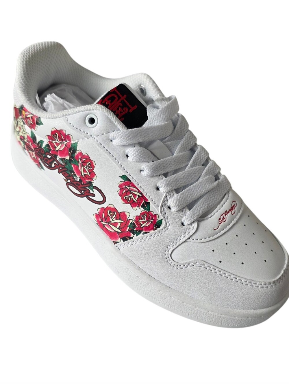 Ed Hardy Low Top White Sneaker Love Kills Slowly logo Red Roses Size 8